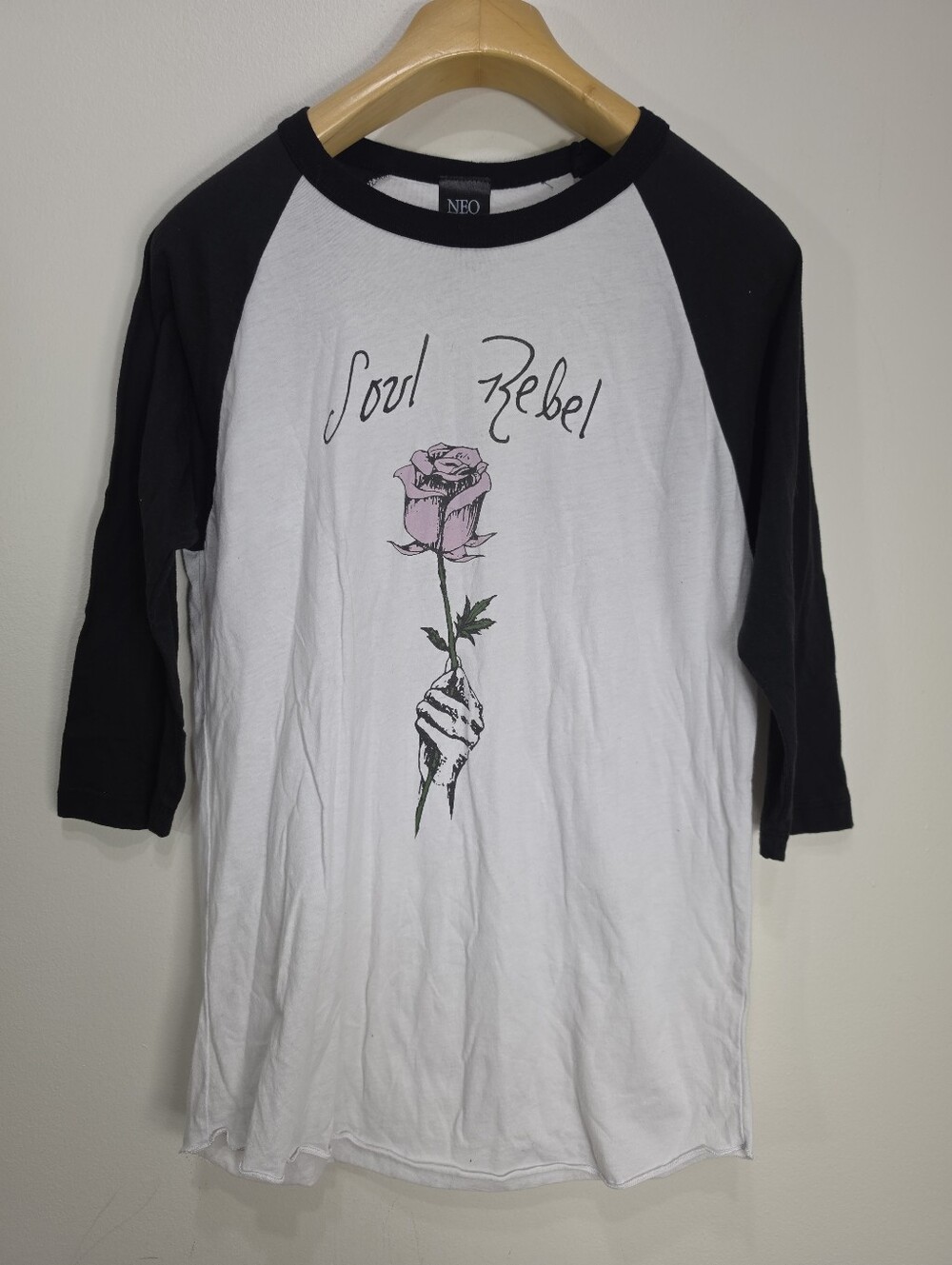 Neoclassics Black & White Raglan Tee with Pink Rose Graphic Made In USA